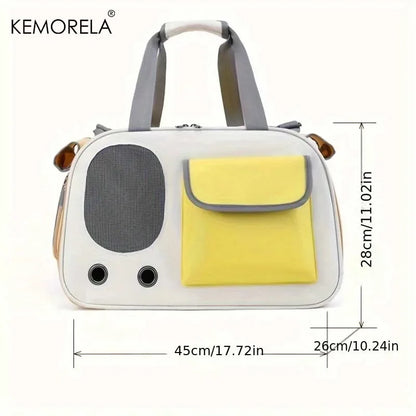 Portable pet travel carrier bag with gray handles, yellow front pocket, and ventilation mesh, 45x28x26 cm