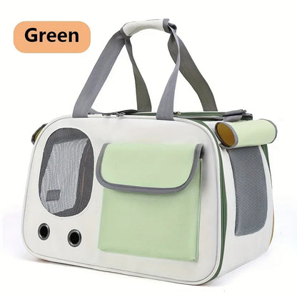 Green and white portable pet travel carrier bag with mesh window, front pocket, and gray handles