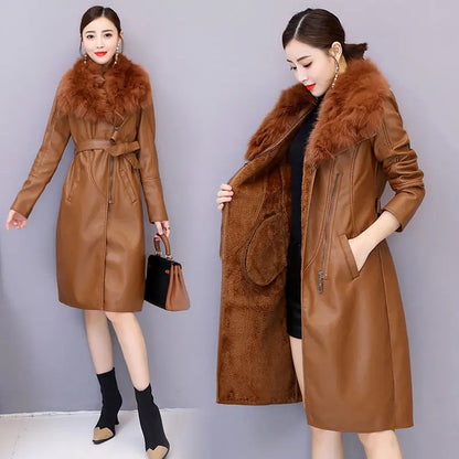 Brown PU leather long coat with faux fur collar and belt, shown worn and open, stylish women's outerwear