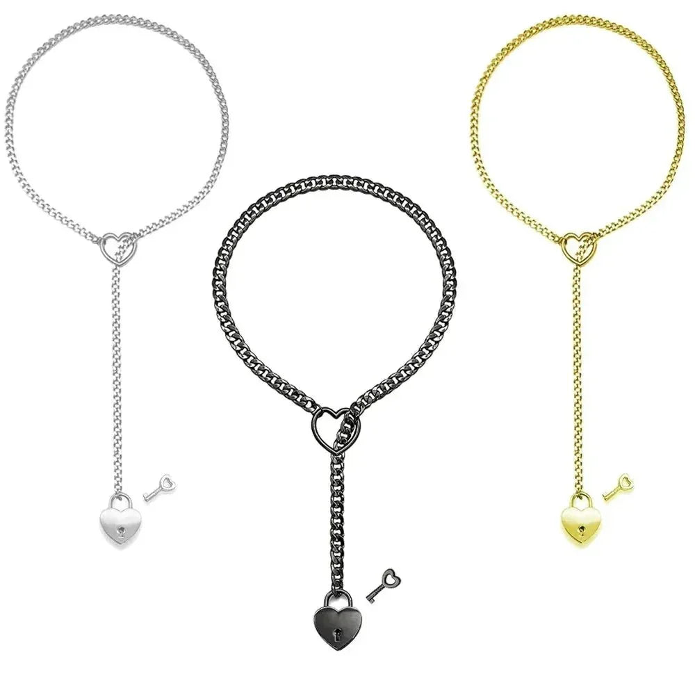 Punk heart Cuban chain necklaces in silver, black, and gold with matching heart lock and key charms