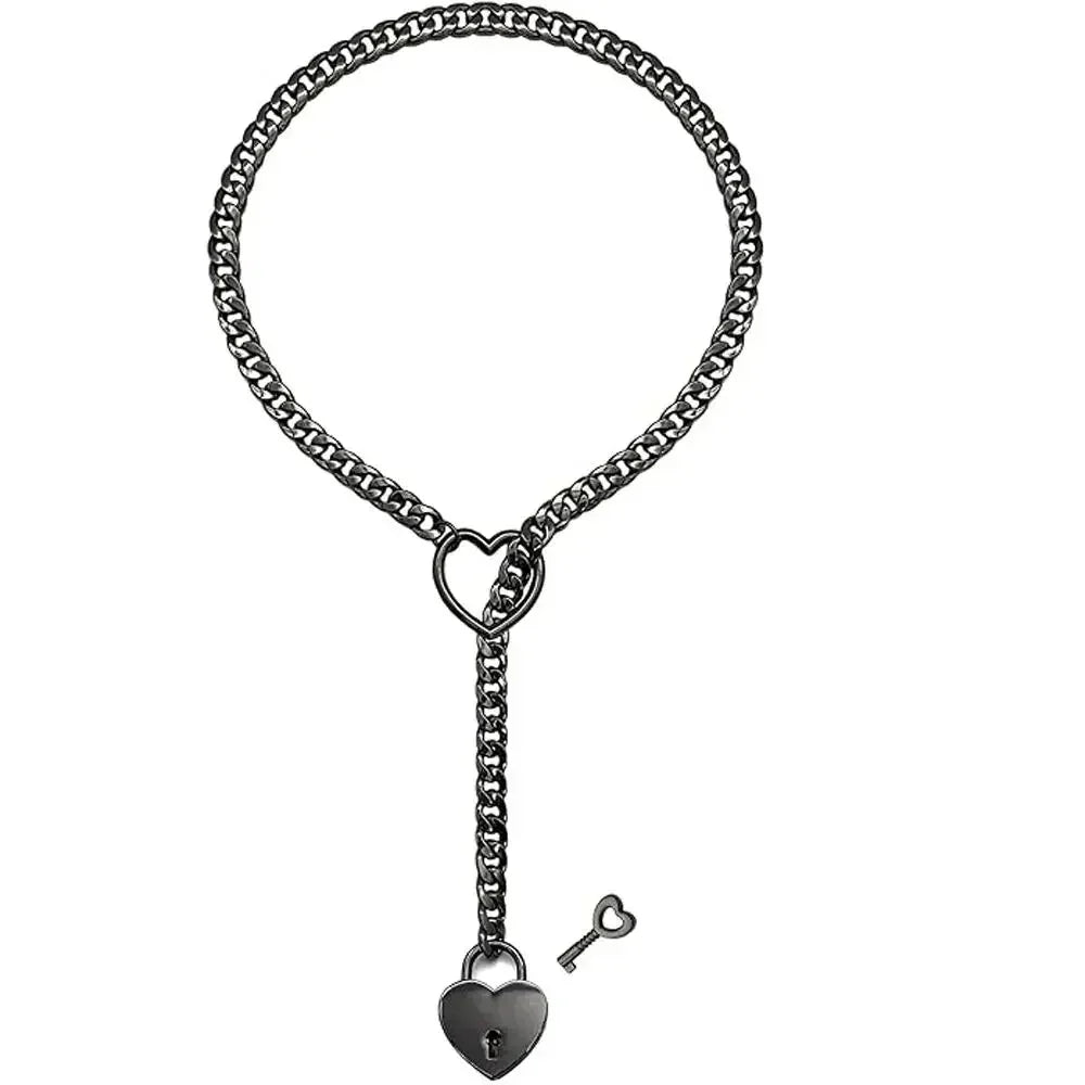 Punk heart Cuban chain necklace with black heart lock and small key on white background