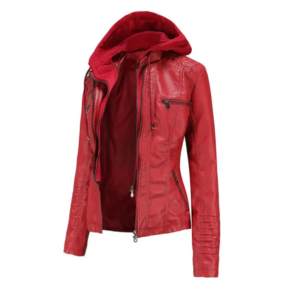 Red luxury PU leather moto hoodie jacket with zipper pockets and quilted sleeves