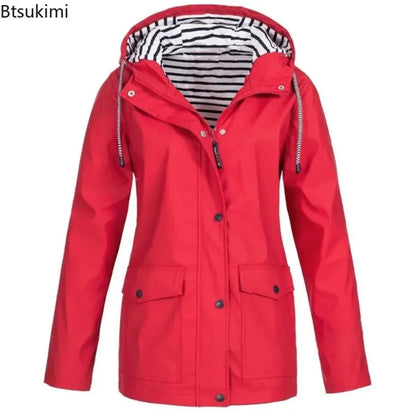 Red women's hooded trench coat with striped lining and front pockets