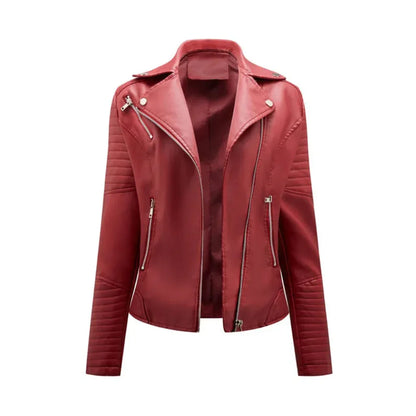 Red faux leather biker jacket with zippers and quilted sleeves on white background