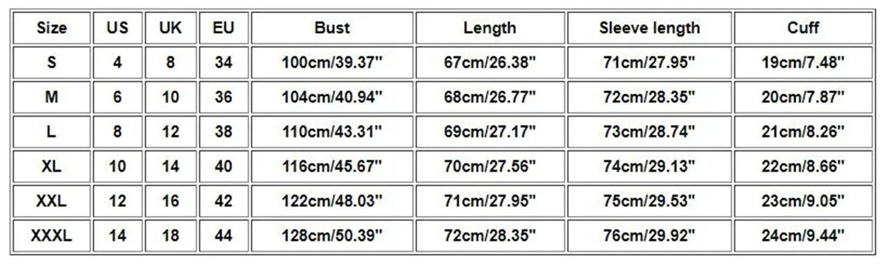 Sweatshirt size chart with US, UK, EU, bust, length, sleeve, and cuff measurements.