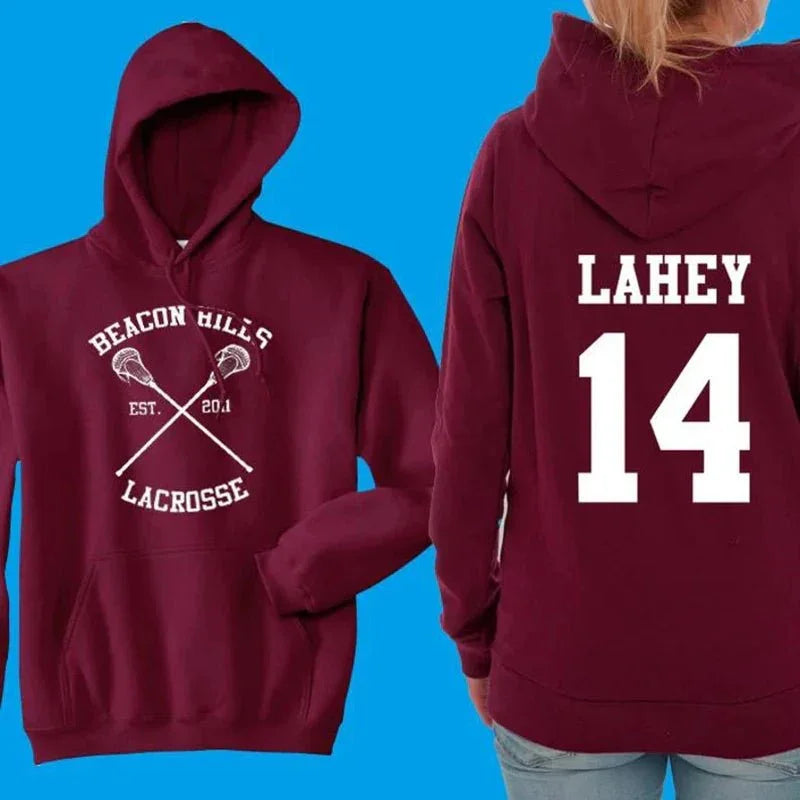 Maroon Beacon Hills lacrosse hoodie with crossed sticks, Lahey 14 on the back