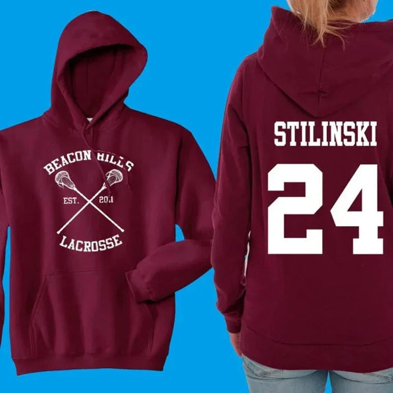 Retro maroon Beacon Hills Lacrosse hoodie with Stilinski 24 text and crossed lacrosse sticks.