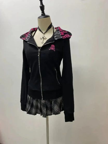 Y2K gothic skull hoodie for women with plaid skirt on mannequin, punk fashion