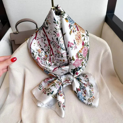 Silk floral scarf with colorful blossom print on white sweater, elegant fashion accessory