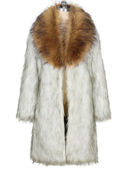 Thick faux fox fur coat with white body and large brown collar displayed on mannequin