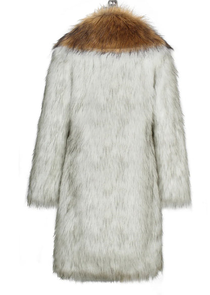 Back view of thick faux fox fur coat with white and brown color block design