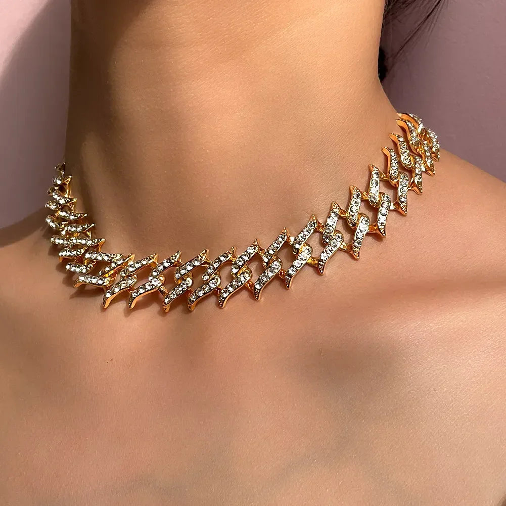 15mm Cuban Link Chain Necklace – Fashion Hip Hop Bling Iced Out Rhinestone Rapper Collar for Women & Men 