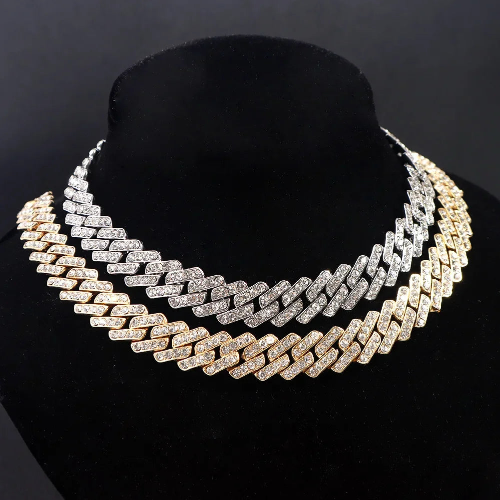 15mm Cuban Link Chain Necklace – Fashion Hip Hop Bling Iced Out Rhinestone Rapper Collar for Women & Men 