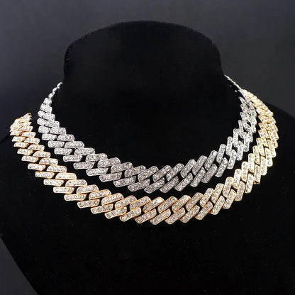 15mm Cuban Link Chain Necklace – Fashion Hip Hop Bling Iced Out Rhinestone Rapper Collar for Women & Men 