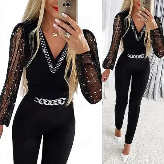 V-Neck Rhinestone Women’s Jumpsuit 