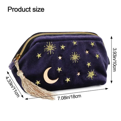 Velvet embroidered portable cosmetic bag with gold stars, moon, tassel, and product size listed