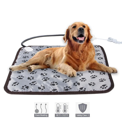 Golden retriever lying on a waterproof electric pet blanket with paw prints and adjustable heating