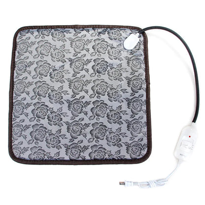 Square waterproof electric pet blanket with gray floral pattern and black trim, featuring attached power control