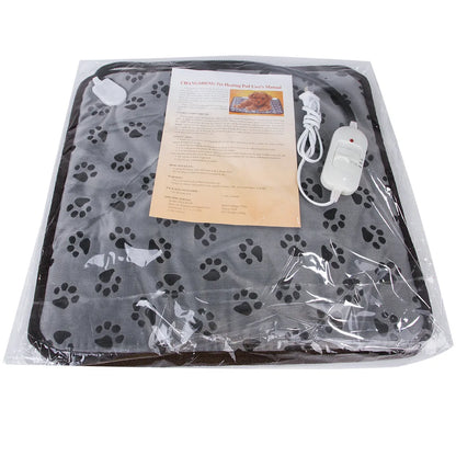 Waterproof electric pet blanket with paw print design and user manual, packaged with power controller