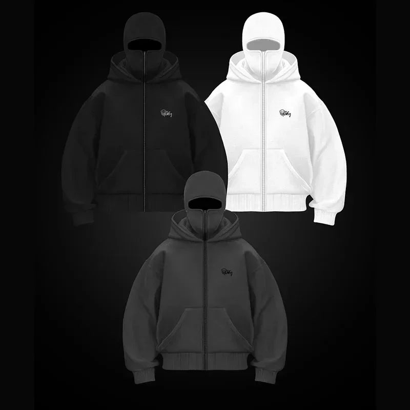 Y2K gothic oversized zip-up hoodies in black, white, and gray on a dark background