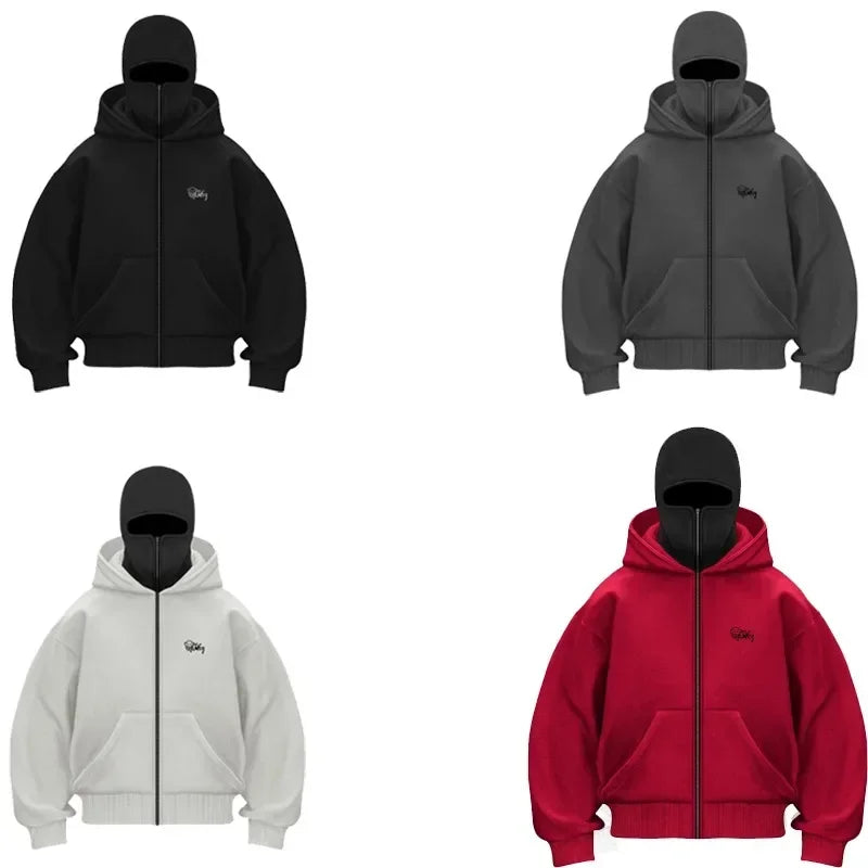 Y2K gothic oversized hoodies in black, gray, white, and red on mannequins