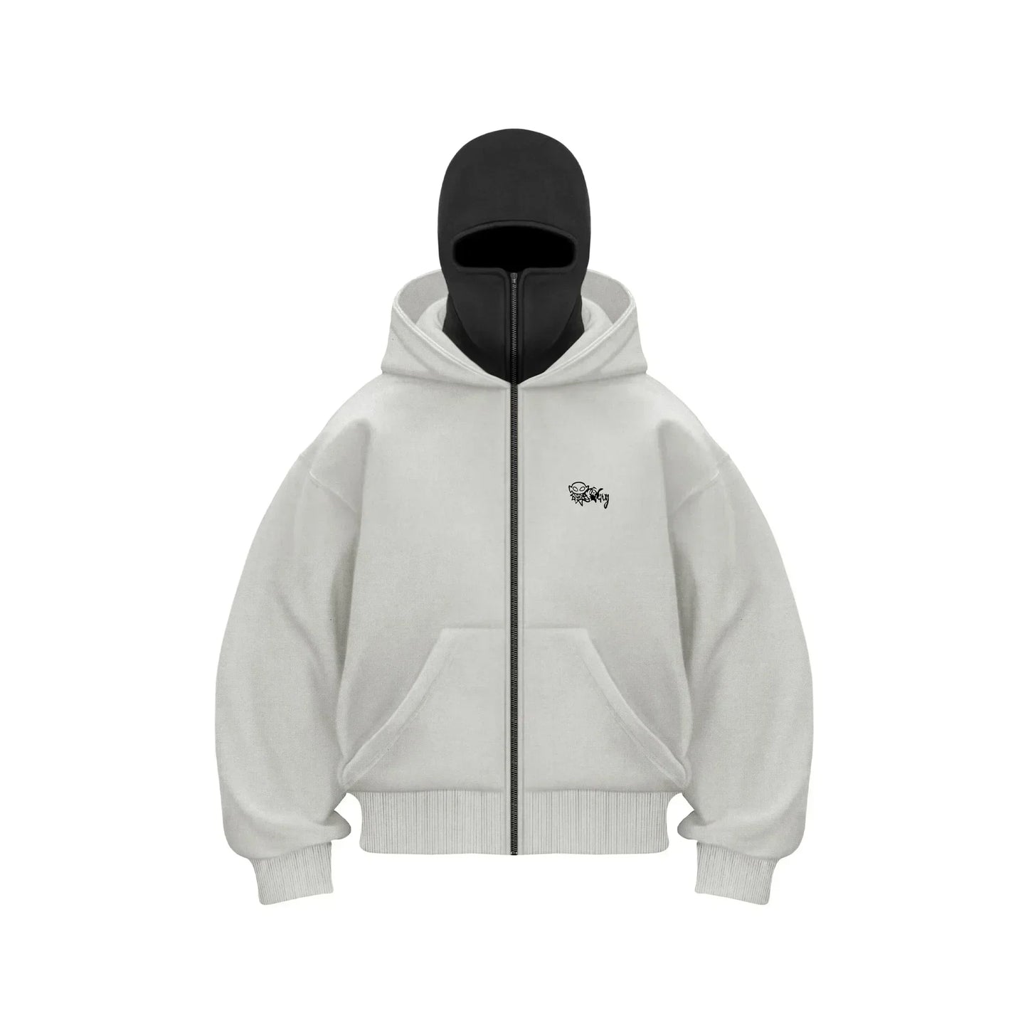 Y2K gothic oversized white hoodie with front zipper and black face mask on plain background