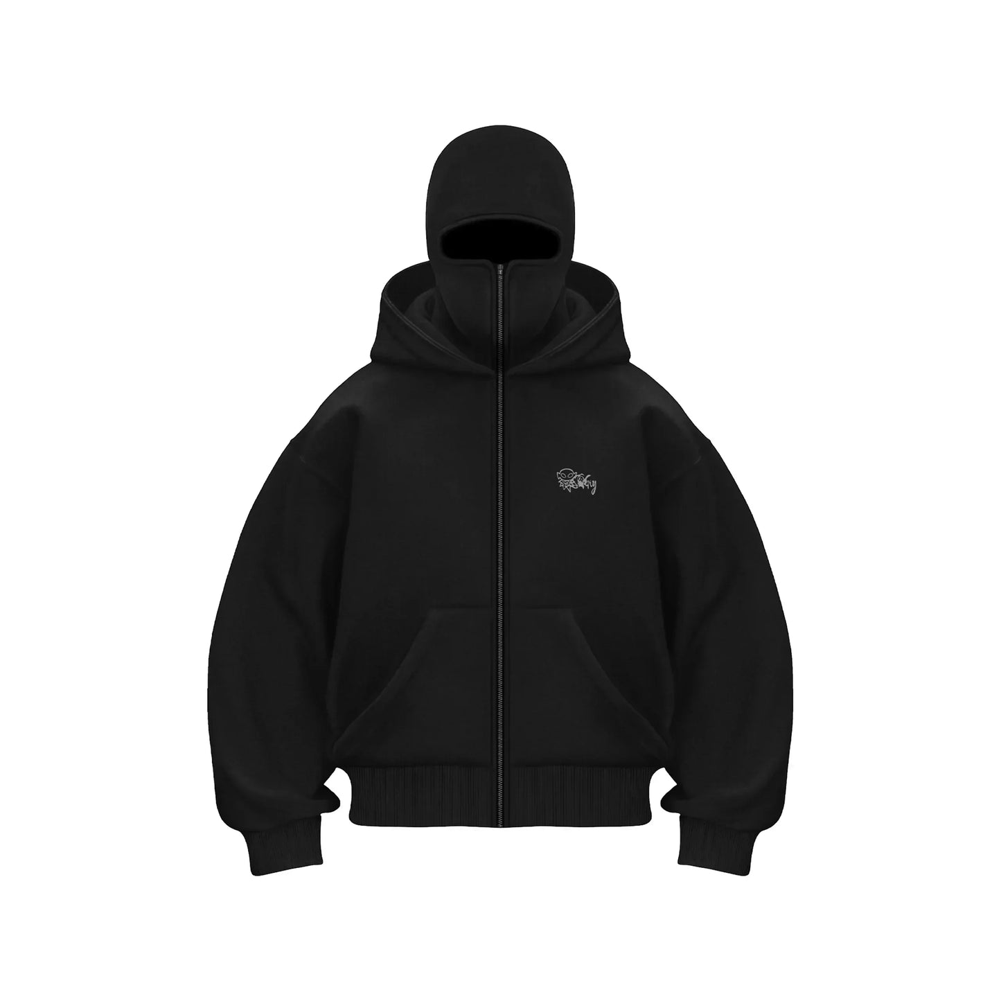 Y2K gothic oversized black hoodie with full zip and small chest graphic on white background