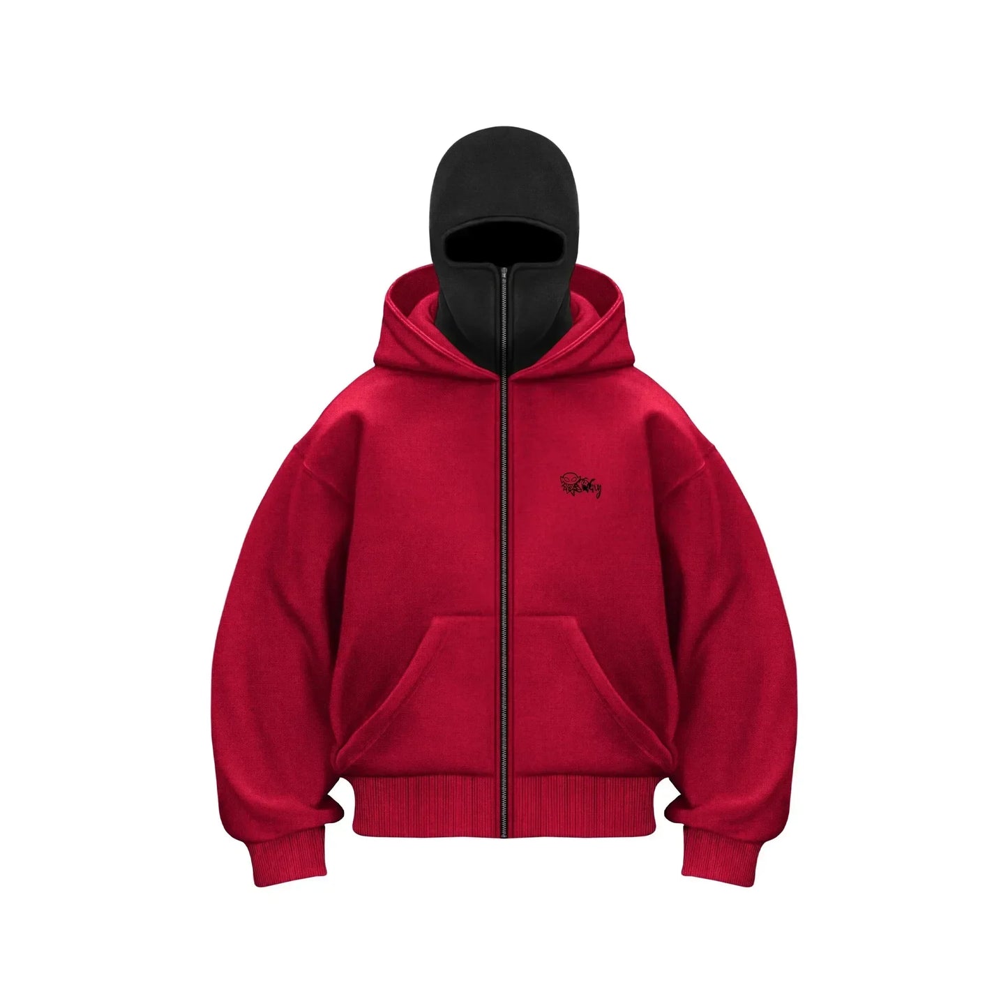 Y2K gothic oversized red hoodie with black accents and front zipper on white background