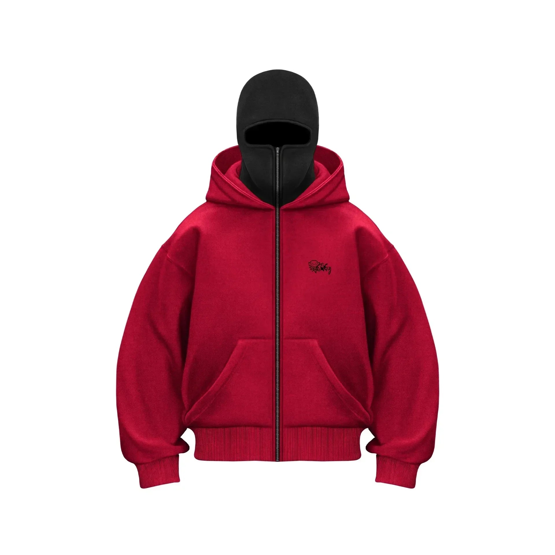 Y2K gothic oversized red hoodie with black accents and front zipper on white background