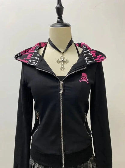 Y2K gothic skull hoodie for women with zipper, pink skull graphic, on mannequin